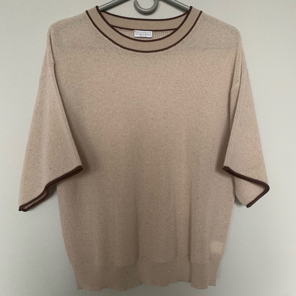 Brunello Cucinelli Beige Crewneck Sweater with Brown Accents